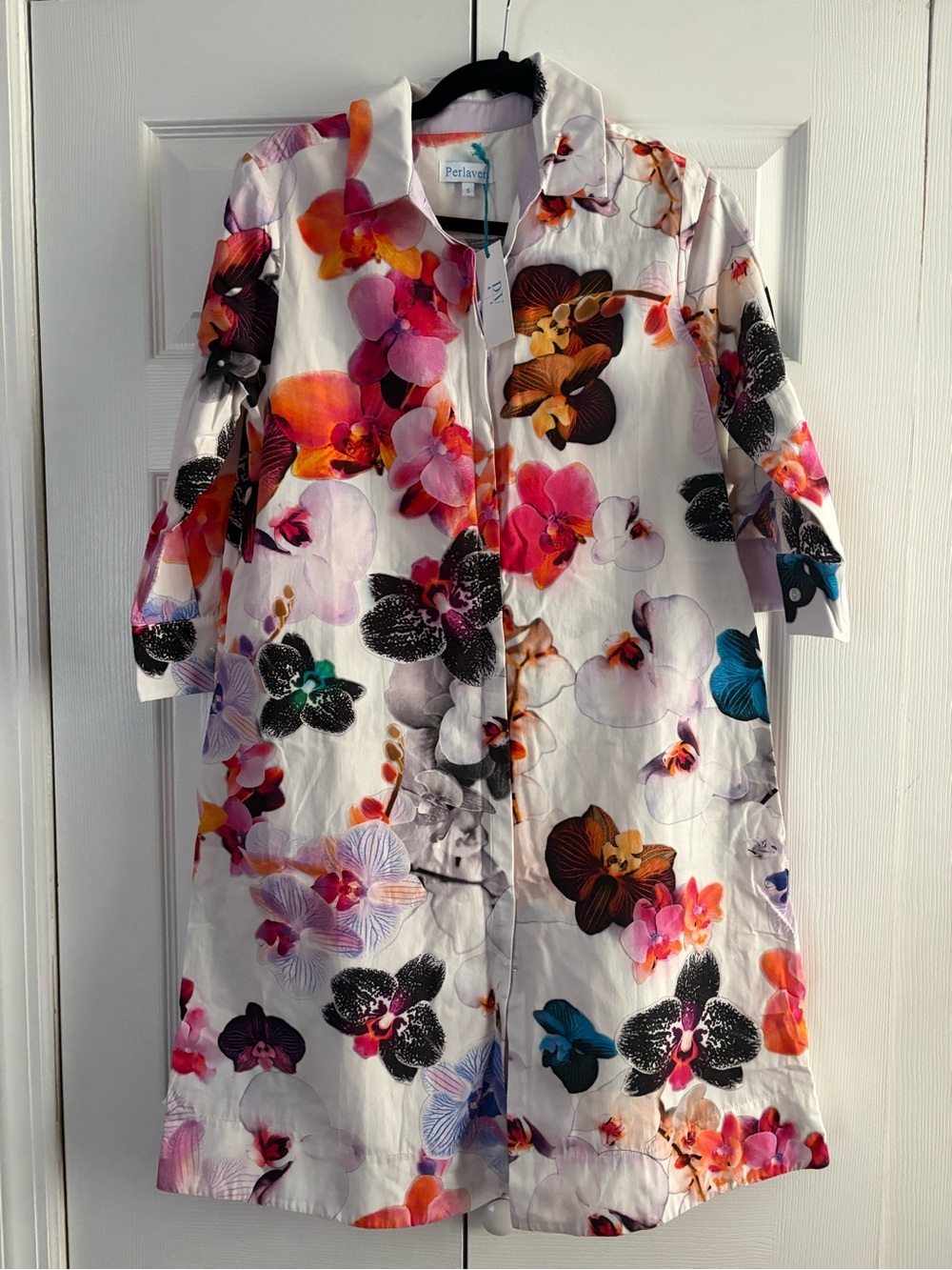 Midi Dress- White with Multicolor Orchid Print